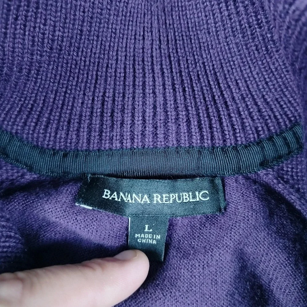 Banana Republic Sweater Mens Large Purple Merino Wool Mock Neck Knit Snap Button